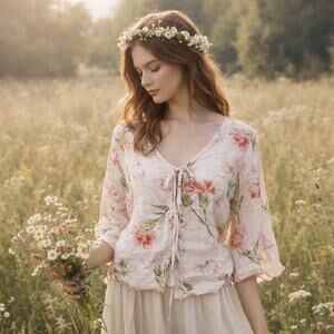 Vintage LAURA ASHLEY Linen Blend Floral Cottagecore Scalloped Hem Tie Front Top